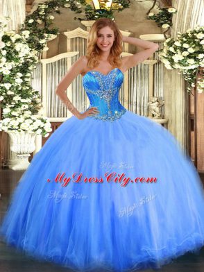 Blue Lace Up Quinceanera Gown Beading Sleeveless Floor Length