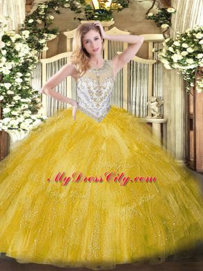 Vintage Tulle Scoop Sleeveless Zipper Beading and Ruffles 15th Birthday Dress in Gold