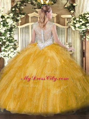 Vintage Tulle Scoop Sleeveless Zipper Beading and Ruffles 15th Birthday Dress in Gold