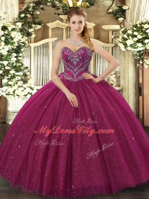 Fuchsia Sleeveless Beading Floor Length Quinceanera Dress