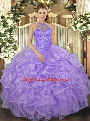 Ball Gowns Sweet 16 Dresses Lavender Halter Top Organza Sleeveless Floor Length Lace Up