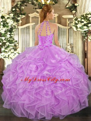 Ball Gowns Sweet 16 Dresses Lavender Halter Top Organza Sleeveless Floor Length Lace Up