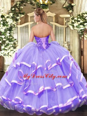 Sexy Floor Length Lace Up Sweet 16 Quinceanera Dress Lavender for Military Ball and Sweet 16 and Quinceanera with Appliques and Ruffled Layers