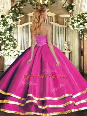 Spectacular Fuchsia Quinceanera Gown Military Ball and Sweet 16 and Quinceanera with Ruffled Layers Halter Top Sleeveless Lace Up