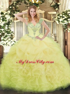 New Arrival V-neck Sleeveless Organza Quinceanera Dresses Beading and Ruffles and Pick Ups Lace Up