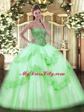 Tulle Lace Up Sweetheart Sleeveless Floor Length Ball Gown Prom Dress Beading and Appliques and Ruffles