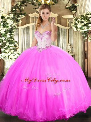 Elegant Rose Pink Sweetheart Neckline Beading Quince Ball Gowns Sleeveless Lace Up