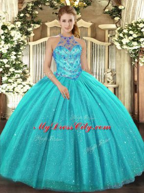 Graceful Floor Length Ball Gowns Sleeveless Aqua Blue Sweet 16 Dresses Lace Up