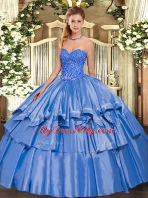 Fashion Sleeveless Floor Length Beading and Ruffled Layers Lace Up Quinceanera Dress with Blue