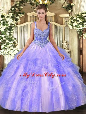 Lavender Tulle Lace Up Sweet 16 Quinceanera Dress Sleeveless Floor Length Beading and Ruffles