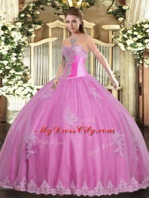 Decent Rose Pink Sweetheart Lace Up Beading and Appliques Quince Ball Gowns Sleeveless