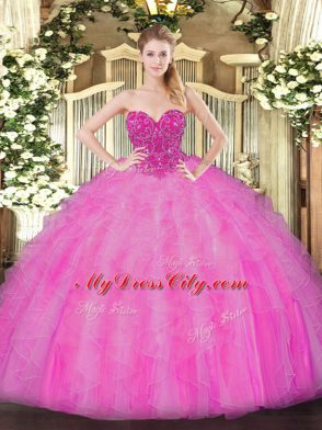 Sleeveless Floor Length Beading and Ruffles Lace Up Sweet 16 Quinceanera Dress with Fuchsia