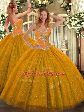 Glittering Sweetheart Sleeveless Lace Up Sweet 16 Dresses Gold Tulle