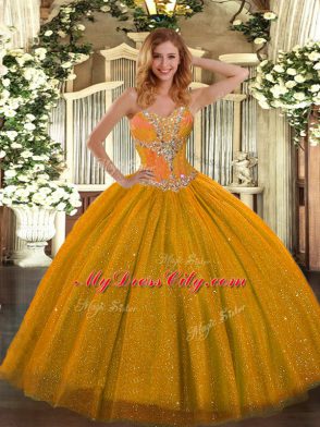 Glittering Sweetheart Sleeveless Lace Up Sweet 16 Dresses Gold Tulle