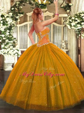 Glittering Sweetheart Sleeveless Lace Up Sweet 16 Dresses Gold Tulle