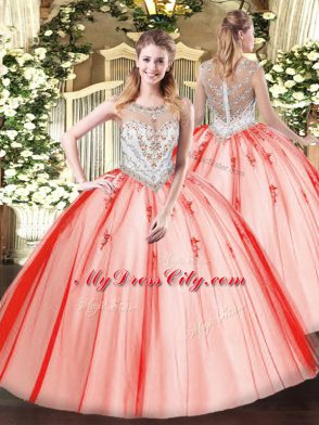 Colorful Scoop Sleeveless Quinceanera Gown Floor Length Beading and Appliques Coral Red Tulle