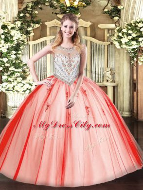 Colorful Scoop Sleeveless Quinceanera Gown Floor Length Beading and Appliques Coral Red Tulle