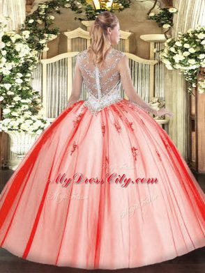 Colorful Scoop Sleeveless Quinceanera Gown Floor Length Beading and Appliques Coral Red Tulle