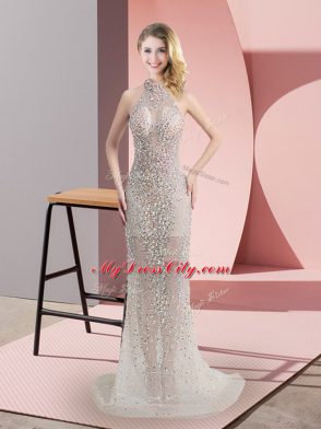 Smart Tulle Halter Top Sleeveless Sweep Train Backless Beading Dress for Prom in Champagne