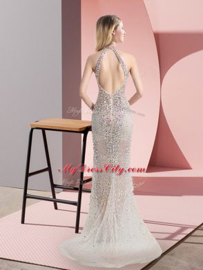 Smart Tulle Halter Top Sleeveless Sweep Train Backless Beading Dress for Prom in Champagne