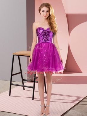 Fabulous Fuchsia A-line Sequins Dress for Prom Zipper Tulle Sleeveless Mini Length