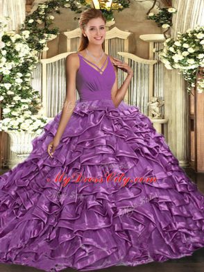 Lilac Sleeveless Sweep Train Ruffles With Train 15 Quinceanera Dress