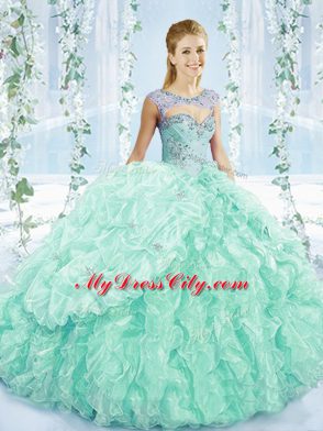 Apple Green Sleeveless Beading and Ruffles Lace Up Quinceanera Dresses