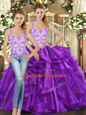 Popular Sleeveless Tulle Floor Length Lace Up Ball Gown Prom Dress in Eggplant Purple with Beading and Ruffles