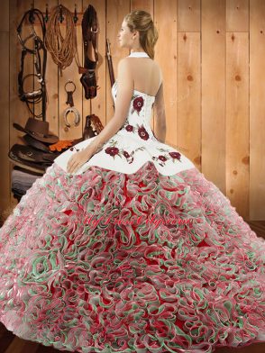 Great Sweep Train Ball Gowns Sweet 16 Quinceanera Dress Multi-color Halter Top Fabric With Rolling Flowers Sleeveless Lace Up