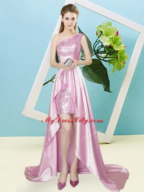 Sweet Rose Pink Sleeveless Elastic Woven Satin and Sequined Lace Up Prom Dress for Prom and Party