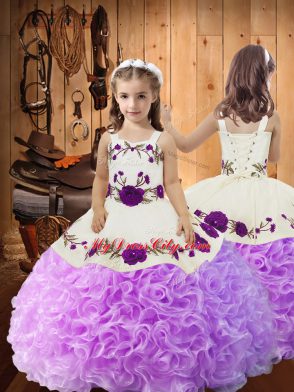 Sleeveless Fabric With Rolling Flowers Floor Length Lace Up Child Pageant Dress in Lilac with Embroidery and Ruffles