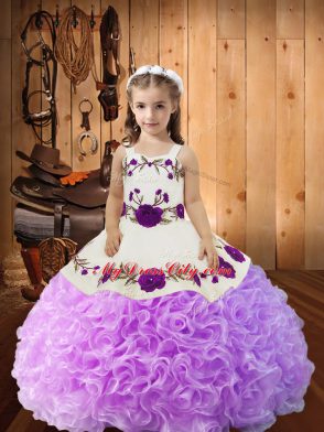 Sleeveless Fabric With Rolling Flowers Floor Length Lace Up Child Pageant Dress in Lilac with Embroidery and Ruffles