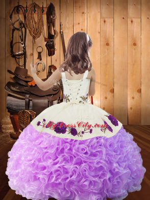 Sleeveless Fabric With Rolling Flowers Floor Length Lace Up Child Pageant Dress in Lilac with Embroidery and Ruffles