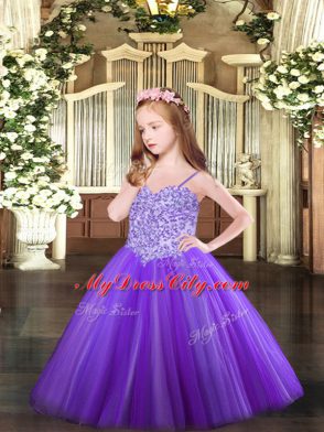 Lavender Sleeveless Floor Length Appliques Lace Up Pageant Dress for Girls