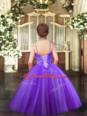 Lavender Sleeveless Floor Length Appliques Lace Up Pageant Dress for Girls