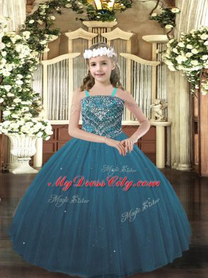 Elegant Teal Tulle Lace Up Pageant Dress for Teens Sleeveless Floor Length Beading