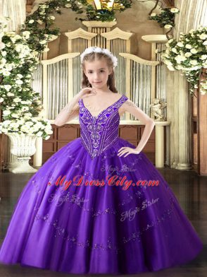 Beading and Appliques Little Girl Pageant Gowns Purple Lace Up Sleeveless Floor Length