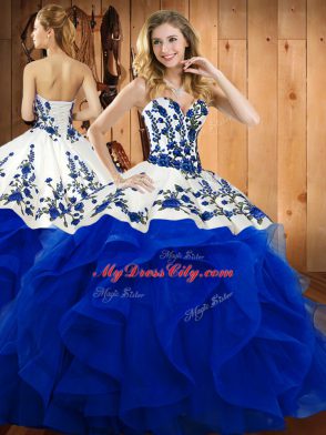 Best Sleeveless Organza Floor Length Lace Up Vestidos de Quinceanera in Royal Blue with Embroidery and Ruffles