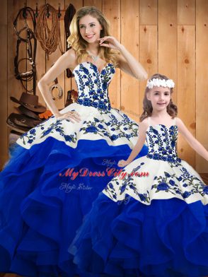 Best Sleeveless Organza Floor Length Lace Up Vestidos de Quinceanera in Royal Blue with Embroidery and Ruffles