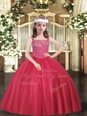 High Class Coral Red Ball Gowns Beading Child Pageant Dress Lace Up Tulle Sleeveless Floor Length