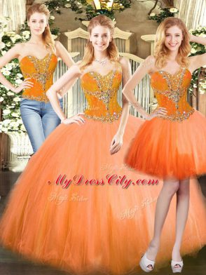 Elegant Orange Red Tulle Lace Up Sweetheart Sleeveless Floor Length Sweet 16 Dress Beading