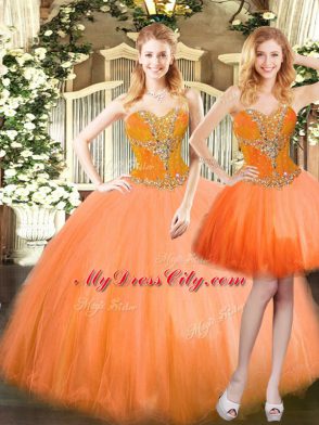 Elegant Orange Red Tulle Lace Up Sweetheart Sleeveless Floor Length Sweet 16 Dress Beading