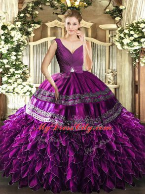 Floor Length Backless Vestidos de Quinceanera Purple for Sweet 16 and Quinceanera with Beading and Ruffles and Ruching