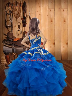 Low Price Orange Red Organza Lace Up Evening Gowns Sleeveless Floor Length Embroidery and Ruffles