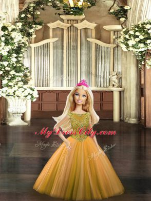 Great Tulle Scoop Sleeveless Lace Up Beading Quinceanera Gowns in Orange