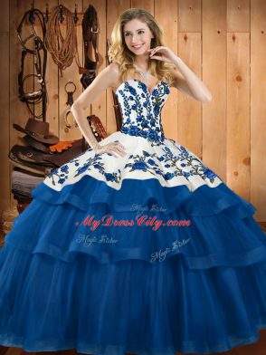 Extravagant Blue Lace Up Ball Gown Prom Dress Embroidery Sleeveless Sweep Train