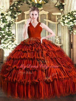 V-neck Sleeveless Organza Quince Ball Gowns Ruffled Layers Zipper