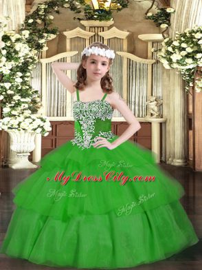 Green Winning Pageant Gowns Party and Quinceanera with Appliques and Ruffled Layers Straps Sleeveless Lace Up