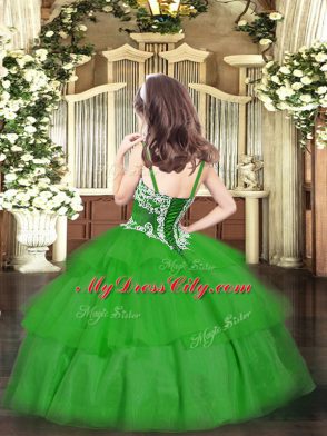 Green Winning Pageant Gowns Party and Quinceanera with Appliques and Ruffled Layers Straps Sleeveless Lace Up