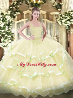 Flirting Light Yellow Ball Gowns Straps Sleeveless Organza Floor Length Zipper Beading and Ruffled Layers 15 Quinceanera Dress